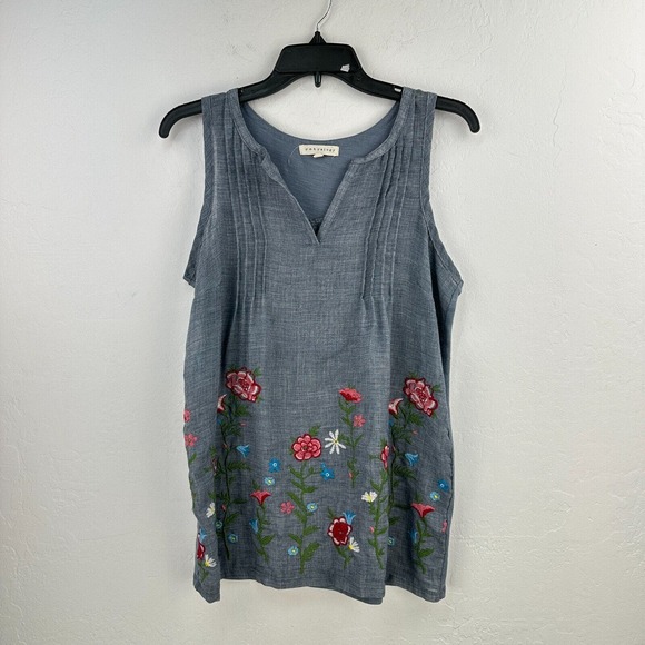 retrology Tops - Retrology Top Womens M Blue Floral Woven Sleeveless Pleated V-neck Blouse